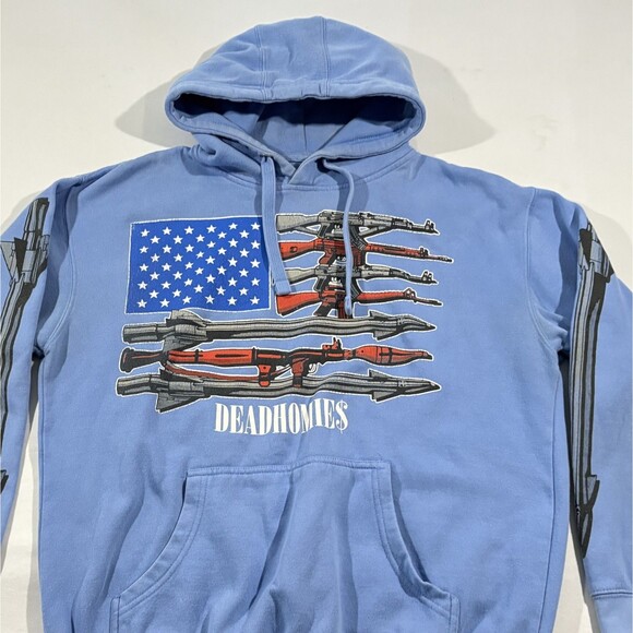 Dead Homies Blue Mens Graphic Print Gun Pullover USA Flag Hoodie Sweatshirt Sz L - Picture 2 of 9